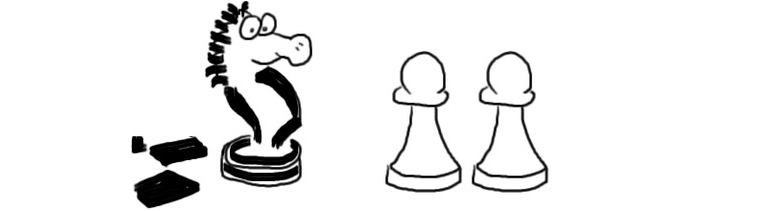 egy ló két paraszt sakkbábút néz illusztráció