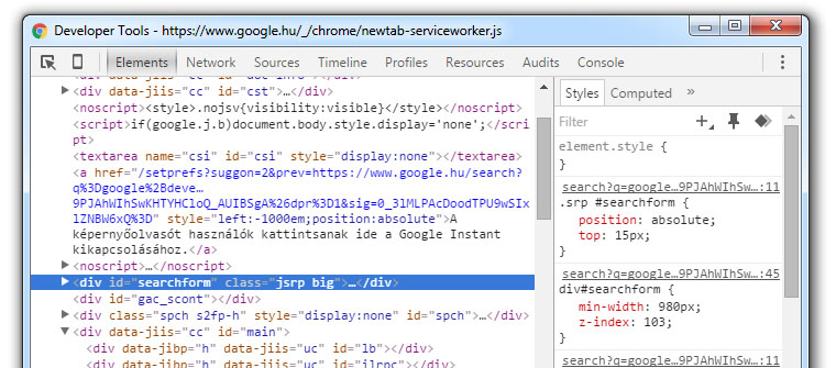 Chrome DevTools képernyőkép