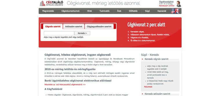 Cégtálaló website képernyőkép