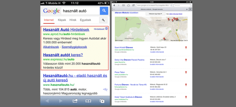 Google hirdetés mobilon példa képernyőkép