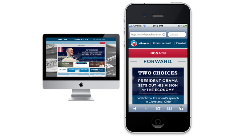 Obama oldala desktopon és mobilon képernyőképek